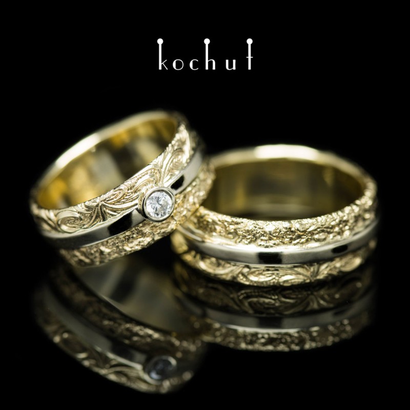 Snubní prsteny «V radosti i ve smutku». Bílé a žluté zlato o ryzosti 750, briliant