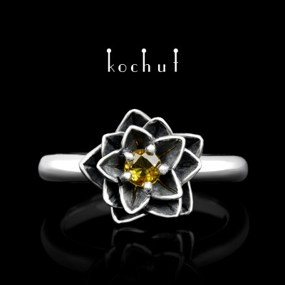 Ring «Lotus of the heart». Silver, oxidation, yellow sapphire