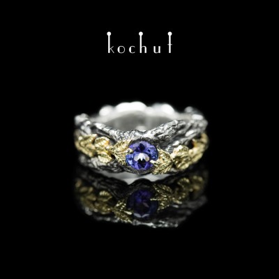 Ring «The power of life.» Silver, yellow gold, oxidation, tanzanite