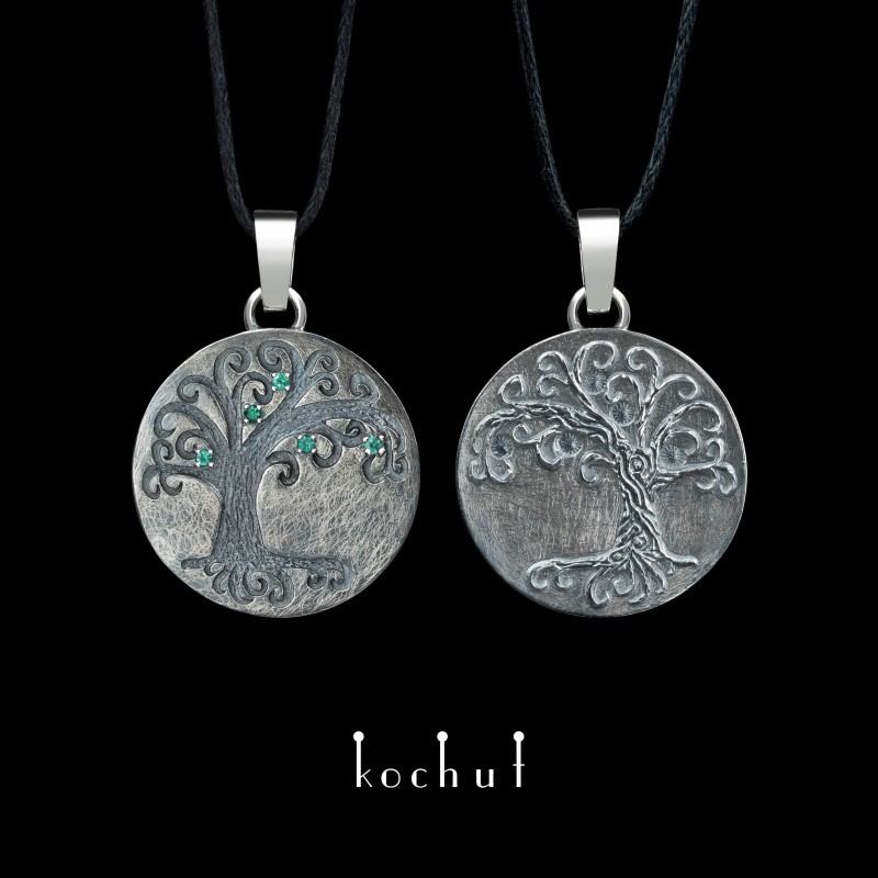 Double pendant «Ask and Embla». Silver, emeralds, oxidized