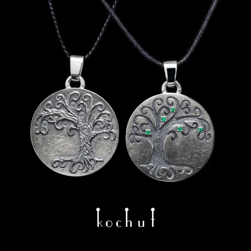 Double pendant «Ask and Emble». Silver, emeralds, oxidized