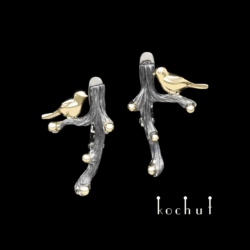 Earrings «Birds on the twig» with English clasps. Silver, yellow gold, oxidation
