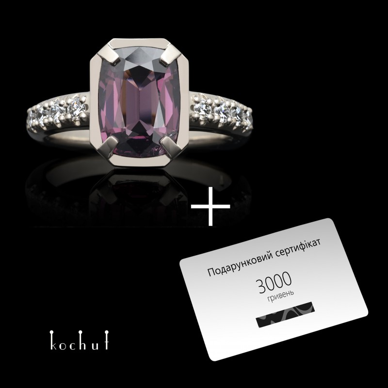 Ring «New Muse». Palladium gold, diamonds, pink spinel cushion + certificate for «3000 UAH»