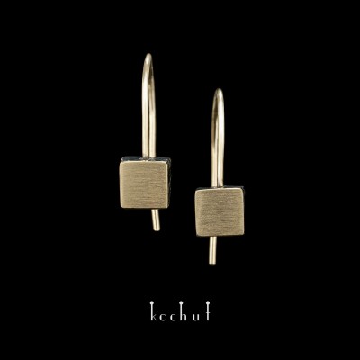 Earrings «Golden Square» with a golden french clasp. Silver, yellow gold, oxidized