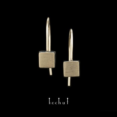 Earrings «Golden square» with a golden french clasp. Silver, yellow gold, oxidation