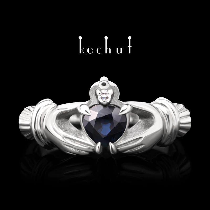 Ring «Claddagh: love». White gold, sapphire, diamond, white rhodium