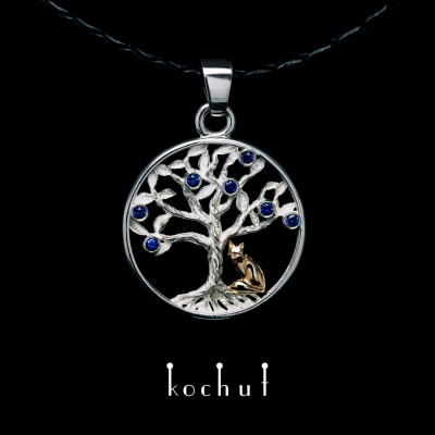 Pendant «Sapphire tree. The Little Fox.» Silver, red gold, sapphires
