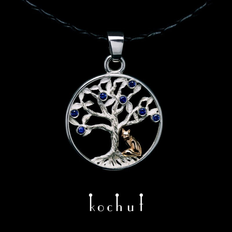 Pendant «Sapphire tree. The Little Fox.» Silver, red gold, sapphires