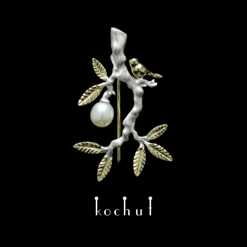 Paradise Twig — silver pearl brooch with a gold clasp