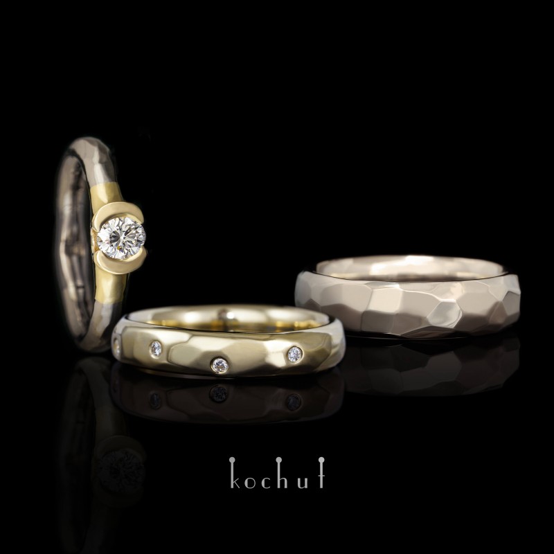Set: wedding rings and a ring for the offer «Absolute». Palladium gold, yellow gold, diamonds
