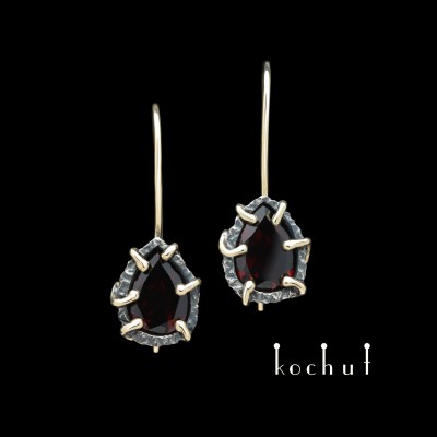 Earrings «Aurora» with a golden french clasp. Silver, gold, oxidation, red garnets