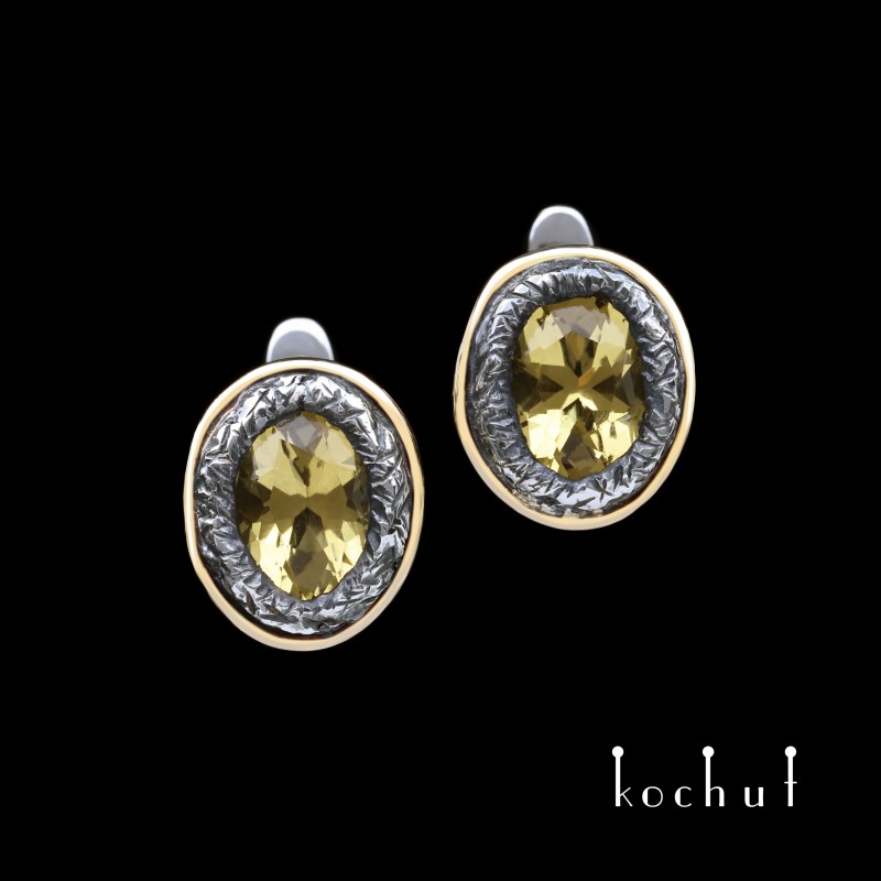Earrings «Mirror of the soul». Silver, yellow gold, oxidized, citrines