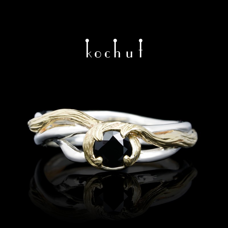 Ring «Heat flow». Silver, yellow gold, black spinel 