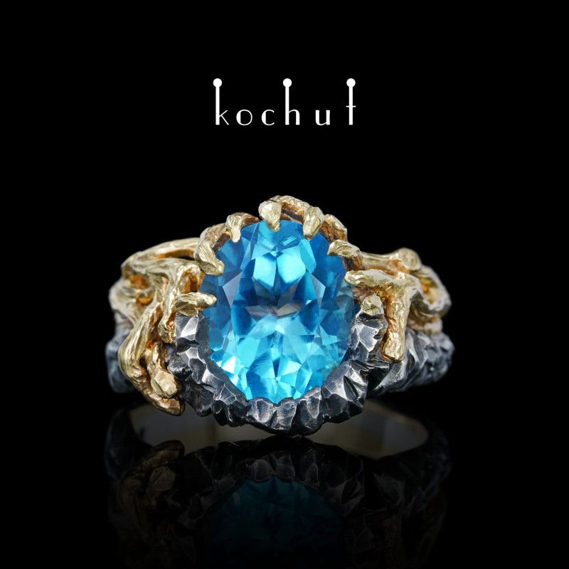 Ring «Dominant». Silver, yellow gold, topaz, oxidized 