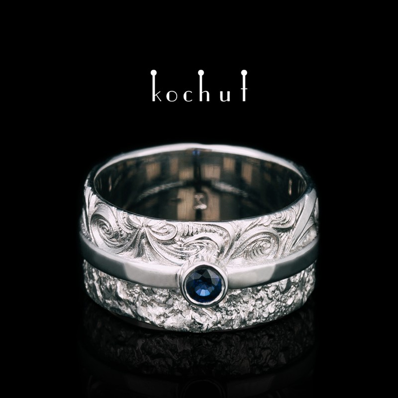 Wedding ring «In joy and sorrow». White gold, white rhodium, sapphire