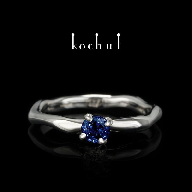 Engagement ring «Gentle hugs». White gold, sapphire blue, white rhodium