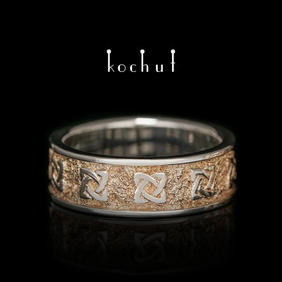 Обручальное кольцо американка  «Кельтский оберег» с ободками. Серебро, наплавление желтого золота
