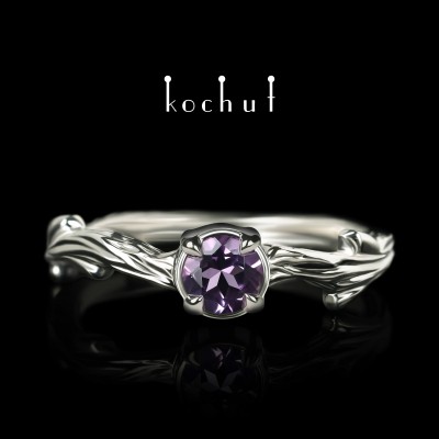 Ring «March twig.» White gold, amethyst, black rhodium