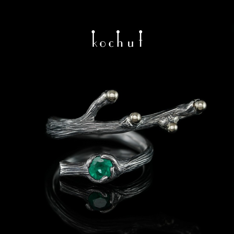 Ring «Forest twig». White gold, silver, emerald, oxidation