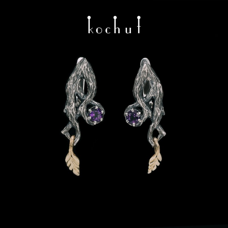 Earrings «Forest fairy». Silver, oxidized, yellow gold, amethyst