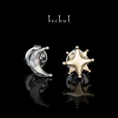 Earrings «Sun and Moon». Silver, yellow gold, white rhodium