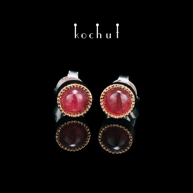 Earrings «Mars». Silver, red gold, pink tourmaline