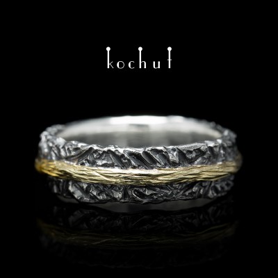 Wedding ring «Citadel». Silver, yellow gold, oxidized