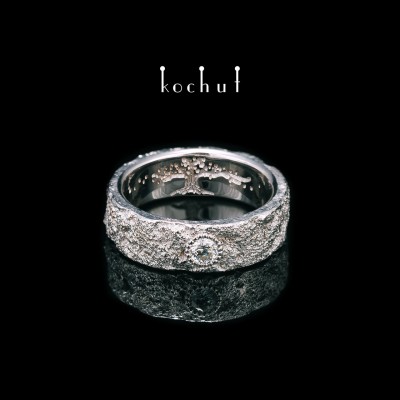 Wedding ring «Soul and Body» with a tree of life. White gold, diamond, white rhodium