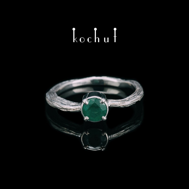 Ring «Winter twig». Silver, emerald, white rhodium