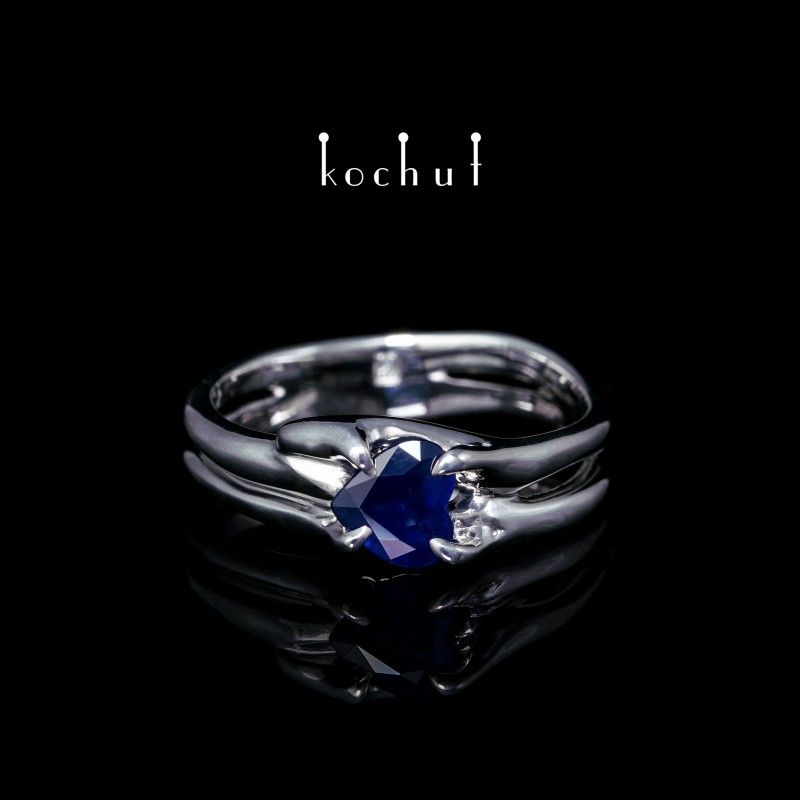 Engagement ring «Icy Heart». White gold, white rhodium, sapphire