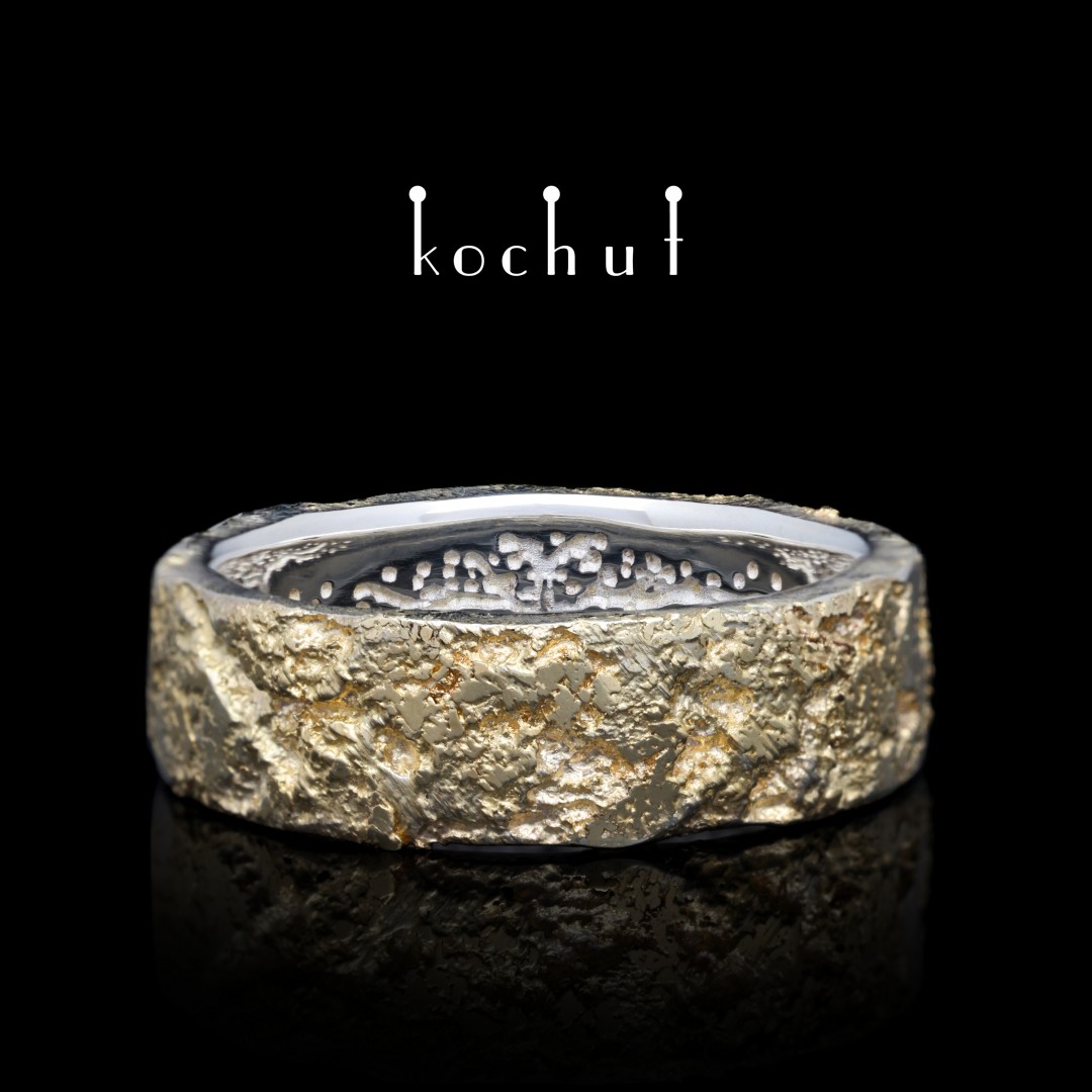 Обручальное кольцо американка «Душа и тело с деревом жизни и ковкой Light». Серебро, наплавление желтого золота (а)