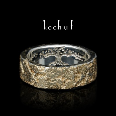 Flat-shaped wedding ring «Body and soul» with the tree of life inside. Silver, fusing yellow gold