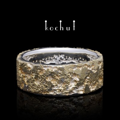 Flat-shaped wedding ring «Body and soul» inside with tree of life. Silver, fusing yellow gold
