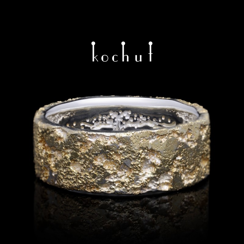 Flat-shaped wedding ring «Body and soul» inside with tree of life. Silver, fusing yellow gold