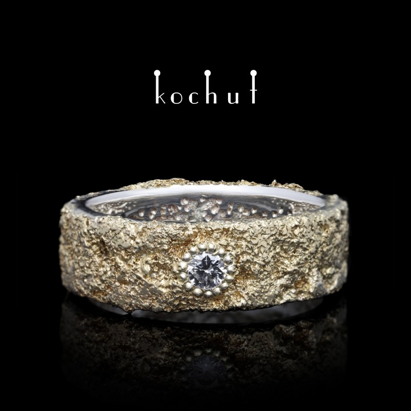 Wedding ring «Body and soul with the tree of life and Light forging». Silver, fusing yellow gold, diamond