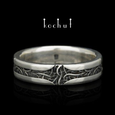 Glossy wedding ring «Noble roots». Silver, oxidation