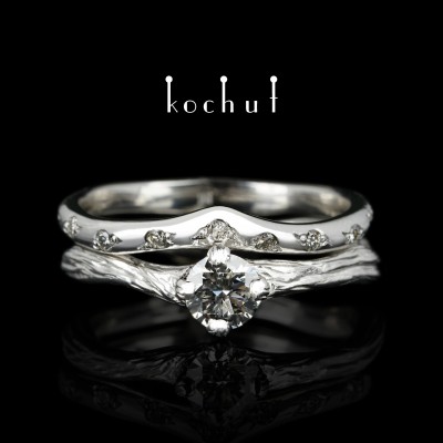 Double engagement ring «Elven tenderness.» White gold, diamonds, white rhodium