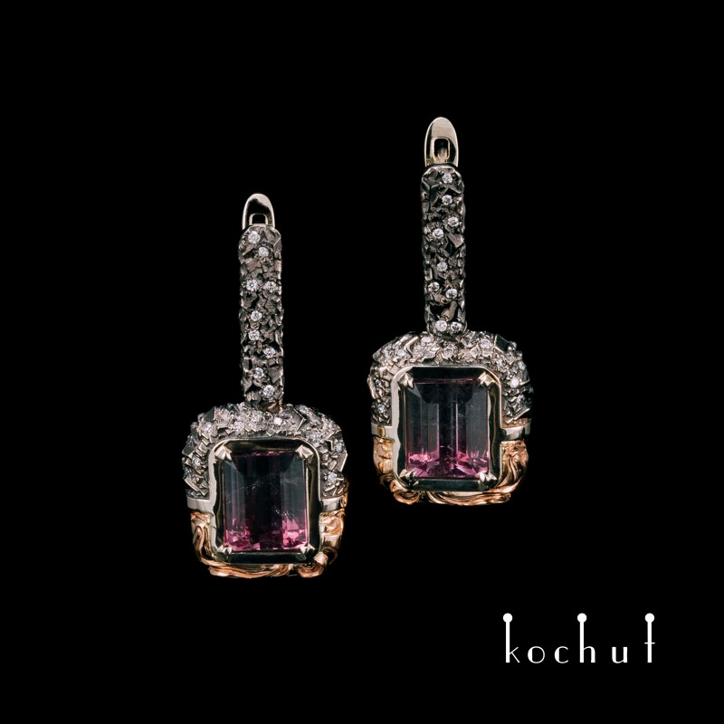 Earrings «Secrets of the universe.» White and red gold, polychrome tourmaline, diamonds, black rhodium