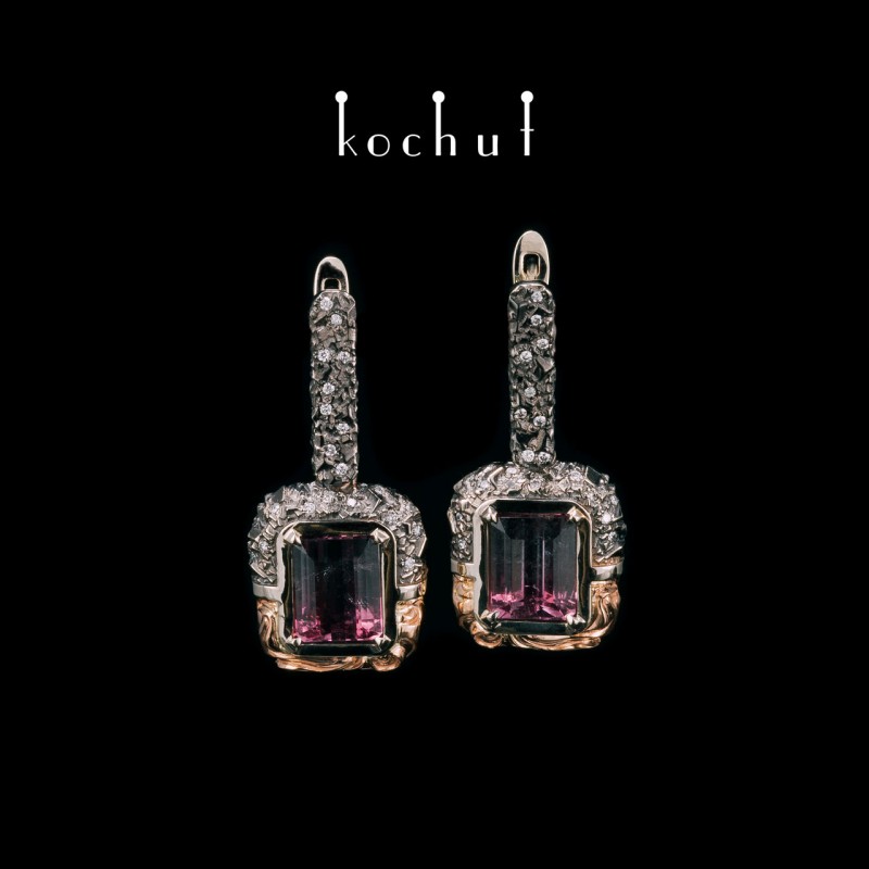 Earrings «Secrets of the universe.» White and red gold, polychrome tourmaline