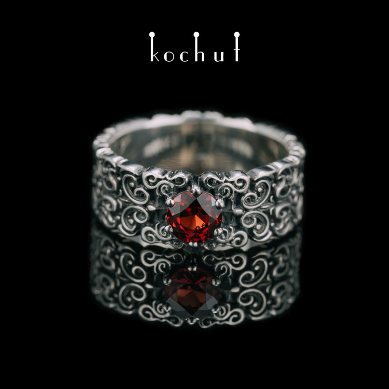 Ring «Notre-Dame.» Silver, red garnet, oxidized