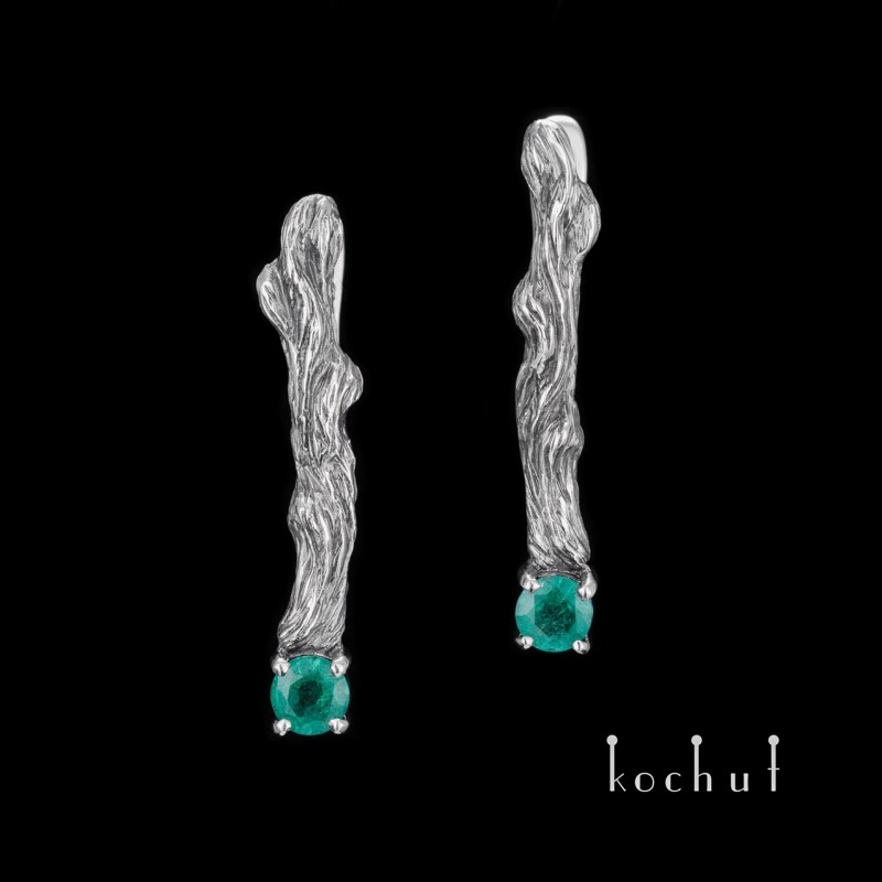 Earrings «Twigs». Silver, oxidation, emeralds