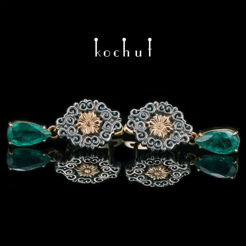 Earrings «Notre-Dame». Silver, gold, emeralds, oxidation