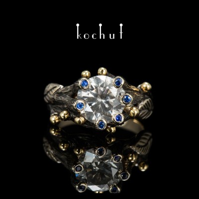 Engagement ring "Triumph Of Life". Yellow gold, diamond, sapphires, black rhodium