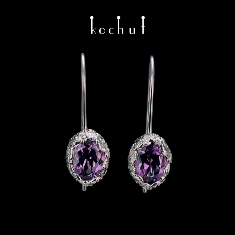 Earrings «Source of life». White gold, amethyst, white rhodium