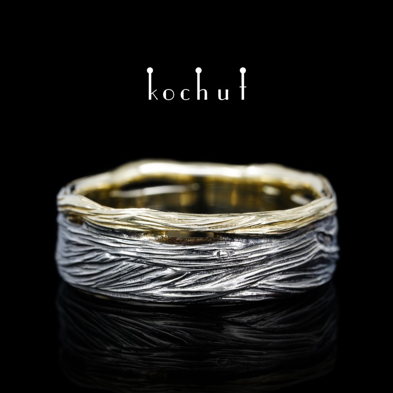 Wedding ring «Eye of the forest». Silver, yellow gold, oxidized 
