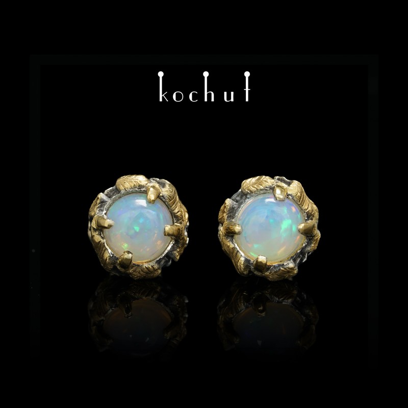 Earrings «Sunny Forest». Silver, yellow gold, gilding, oxidation, opals cabochons