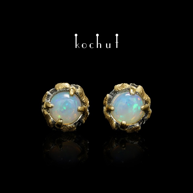 Earrings «Sunny Forest». Silver, yellow gold, gilding, oxidized, opals cabochons