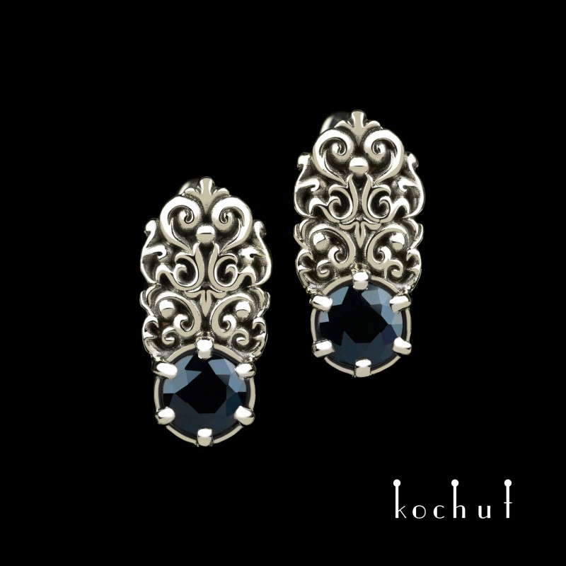 Earrings «The Duchess». White gold, sapphires, black rhodium