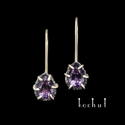 Earrings «Aurora» with a golden french clasp. Silver, gold, violet amethyst