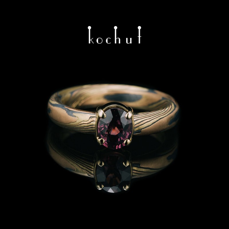 Mocume ring «Haiku». Red, yellow gold, etched silver, oxidized, spinel